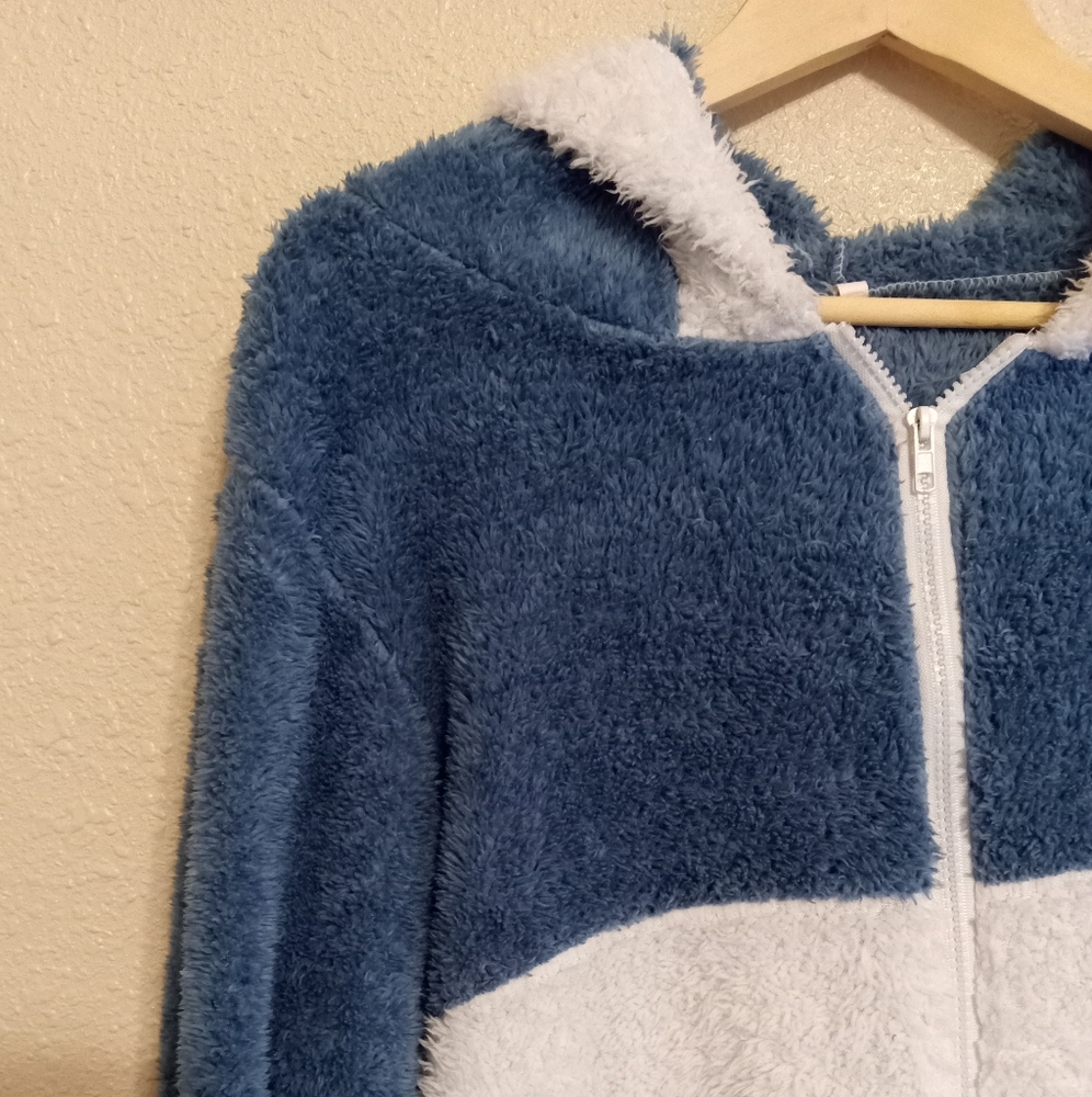 Women's plush color block brown hoodie jacket - Picture 2 of 5